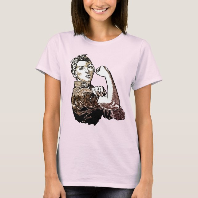 Rosie-the-Riveter Feminist Graphic Line Art Brown T Shirt (Framsida)