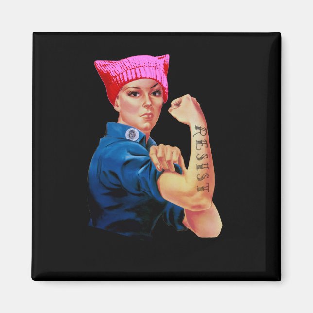 Rosie the Riveter in Rosa Pussy Hat Magnet (Framsidan)