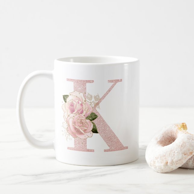 Rosig Rosa Guld Glitter Blommig Monogram K Kaffemugg (Med munk)