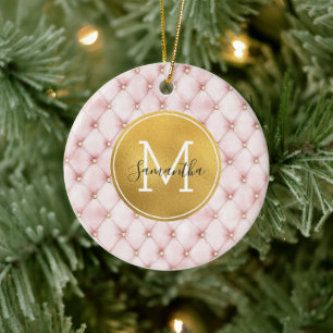 Rosig Rosa Guld Vattenfärg Konfetti Monogram Julgransprydnad Keramik