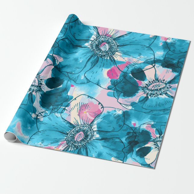 Röslig collage mönster av blå och rosa blommor presentpapper (Utrullad)