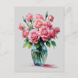 Rosor Blommande Bukett Vas Blommor Teckning Konst Helg Vykort