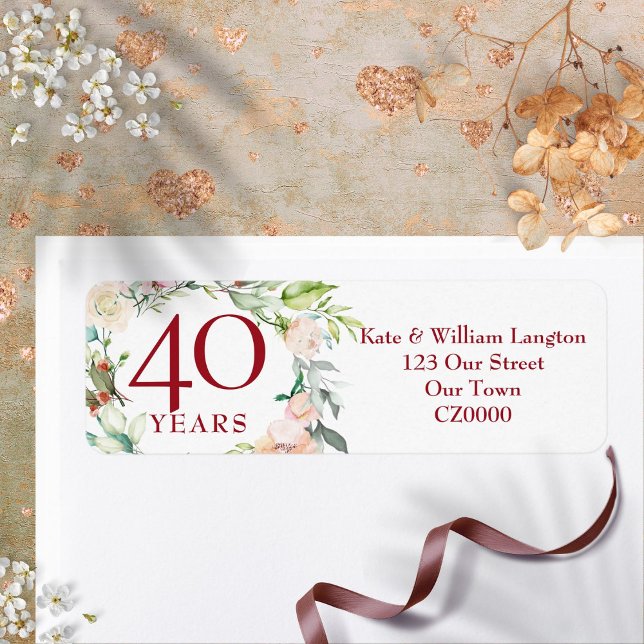 Rosor Blommig 40-års rubin bröllopsjubileum adress Returadress Etikett (Roses Floral 40th Ruby Wedding Anniversary Address Label)
