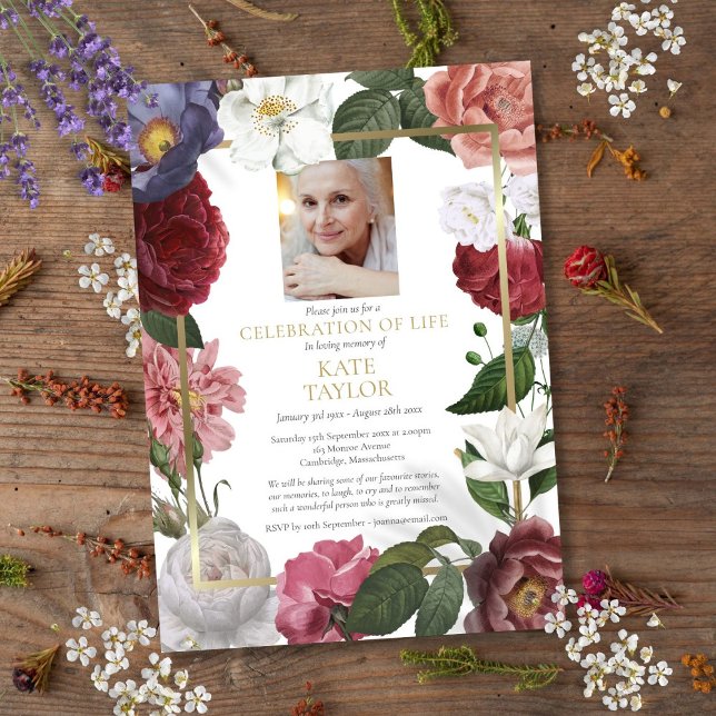 Rosor Blommig Begravning Foto Firande Av Livet Inbjudningar (Roses Floral Funeral Photo Celebration of Life Invitation)