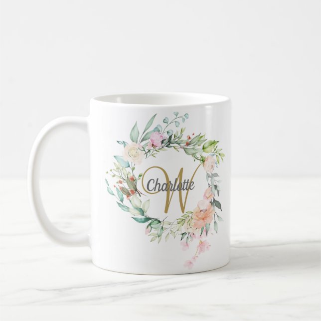 Rosor Blommig Elegant Guld Script Monogram Kaffemugg (Vänster)