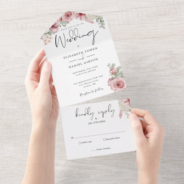 Rosor Blommig Elegant Script Bröllop (Avrivbar del)