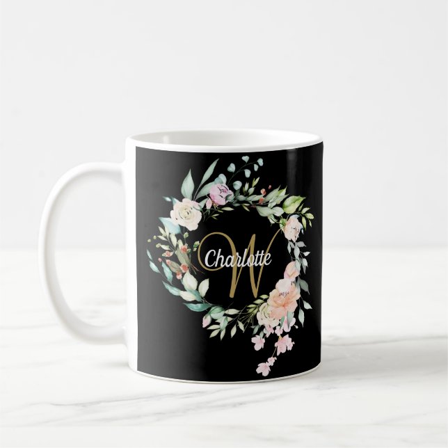 Rosor Blommig Elegant Skript Monogram Guld Svart Kaffemugg (Vänster)