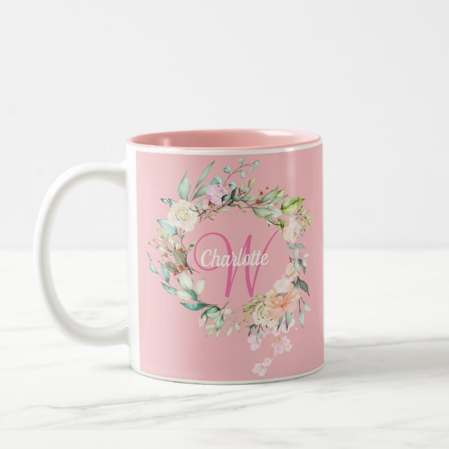 Rosor Blommig Elegant Skript Monogram Rosa Två-Tonad Mugg (Vänster)