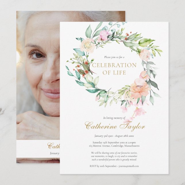 Rosor Blommig Fotofirande Livets Begravning Inbjudningar (Fram/baksida)