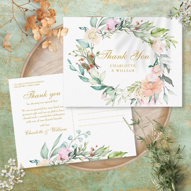 Rosor Blommig Girlang Guld Skrift Tack Vykort (Roses Floral Garland Gold Script Thank You Postcard)