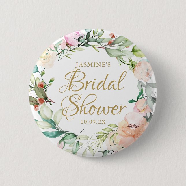 Rosor Blommig Guld Script Bröllop Brud Shower Knapp (Framsida)