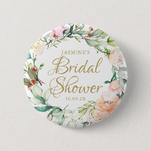 Rosor Blommig Guld Script Bröllop Brud Shower Knapp