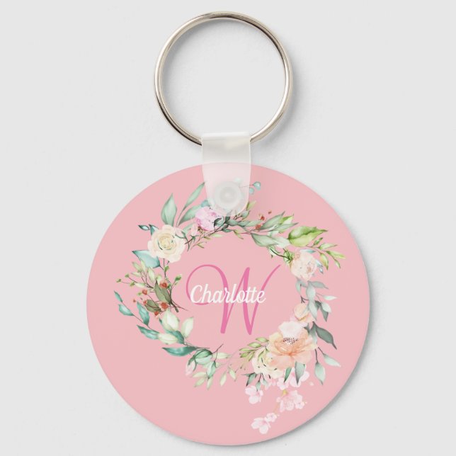 Rosor Blommig Initial Bokstavsmonogram Rosa Nyckelring (Framsida)