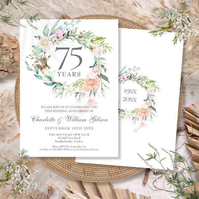 Rosor Blommig Krans 75-års bröllopsjubileum Inbjudningar (Roses Floral Garland 75th Wedding Anniversary Invitation)