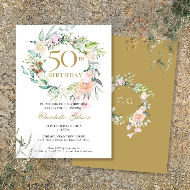 Rosor Blommig Krans Monogram 50-årsdag Inbjudningar (Roses Floral Garland Monogram 50th Birthday Invitation)