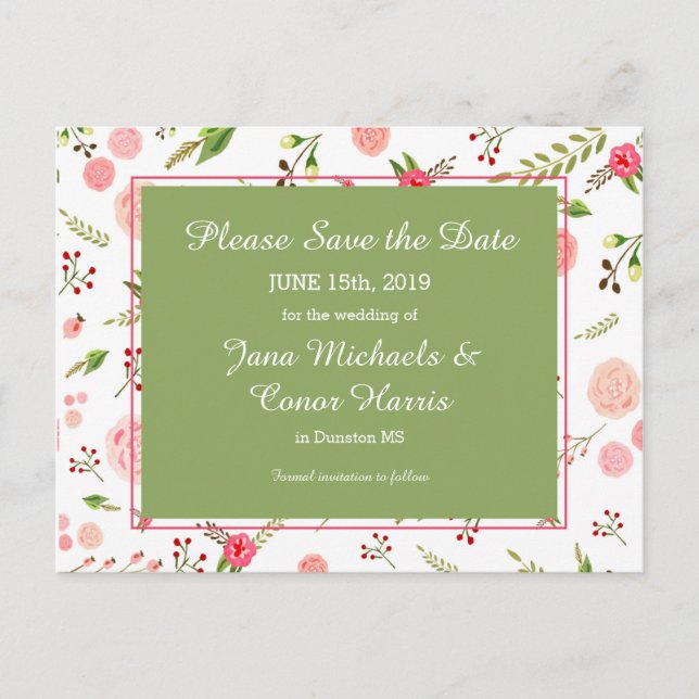Rosor Blommor och Grön Bröllops Påminnelse Meddelande Vykort (Framsida)