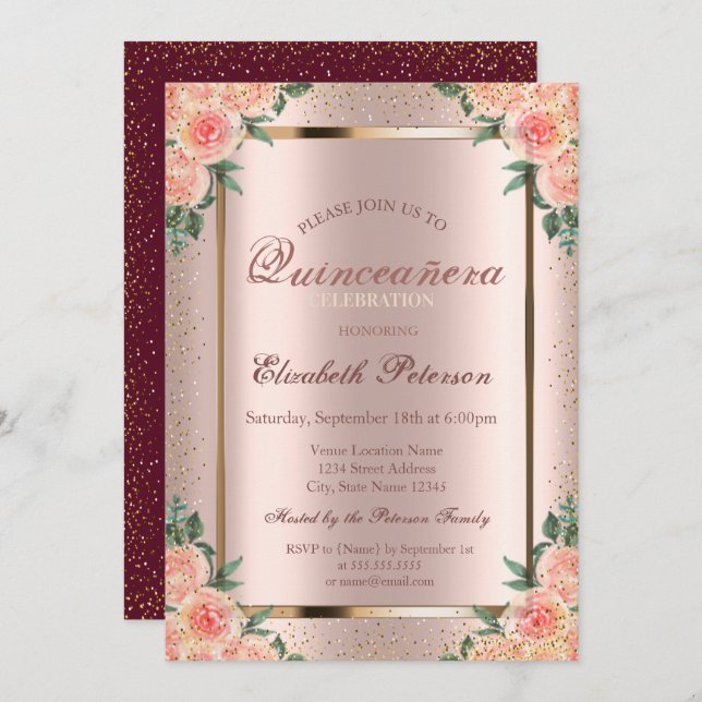 Rosor Confetti Ro Guld, Burgundy Quinceañera Inbjudningar (Fram/baksida)