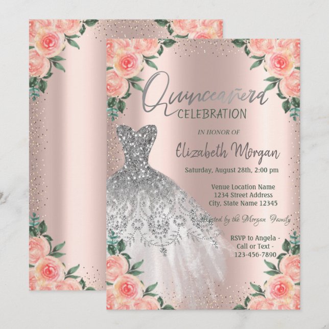 Rosor,Dress,Blommor,Ro Guld Quinceañera Inbjudningar (Fram/baksida)