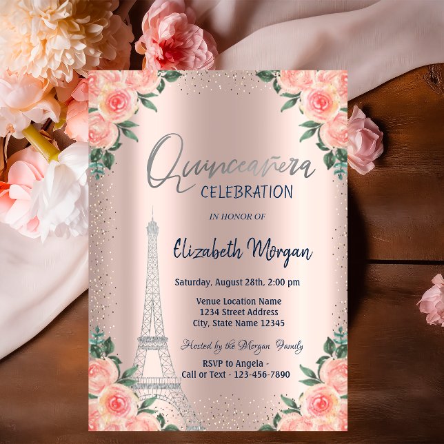 Rosor,Eiffel Torn,Flowers,Ro Guld Quinceañera Inbjudningar (Skapare uppladdad)
