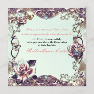 Rosor & Fjärilar Brons Quinceañera-fest Inbjudningar
