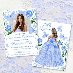 Rosor + Fjärilar Ljusblå Quinceanera Foto Inbjudningar