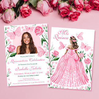 Rosor + Fjärilar Rosa Quinceanera Foto Inbjudan