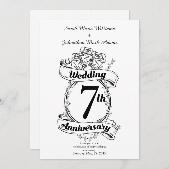 Rosor för 7-års bröllopsdag inbjudningar (Fram/baksida)