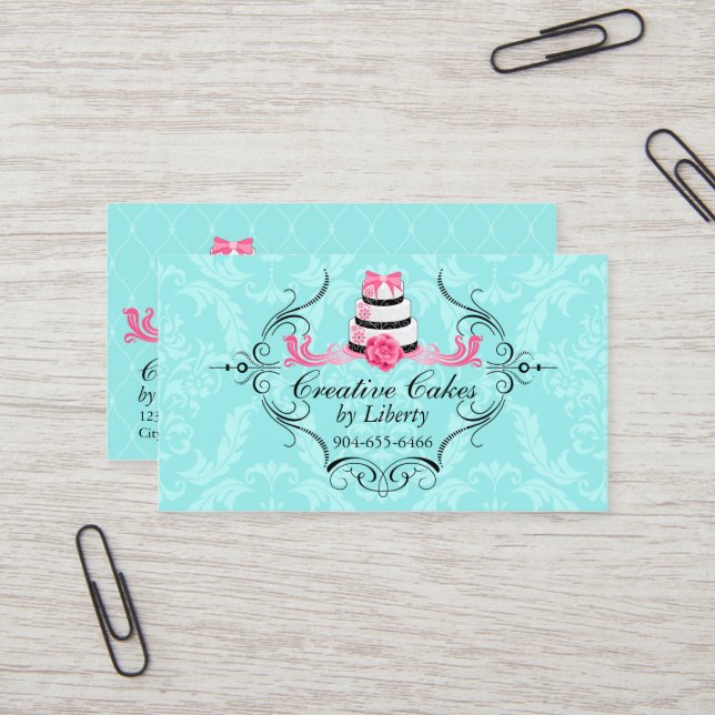 Rosor för Aqua för tårtabageri damastast Visitkort (Fram/Back In Situ)