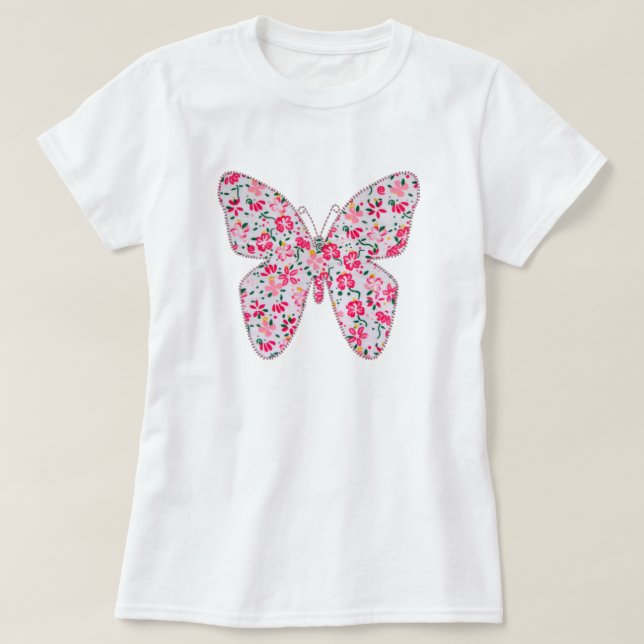 Rosor för blommigt för Appliquetygfjäril T-shirt (Design framsida)