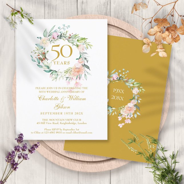 Rosor Garland 50-års gyllene bröllopsjubileum Inbjudan Vykort (Roses Garland 50th Golden Wedding Anniversary Invitation Postcard)