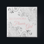 Rosor & grått för bröllopbrudtärnanamn bricka knapp<br><div class="desc">Identifiera de nyckel- spelarna på din möhippa, bröllop, eller repetition middag med våra elegant, rosor & grått knäppas. Designat till koordinaten med vårt rosa- & gråttelegant bröllopfölje, detta knäppas särdrag som en silverfaux omkullkastar krusidull på en vitbakgrund med den läs- brudtärnan för rosa text och ett ställe för att skriva...</div>