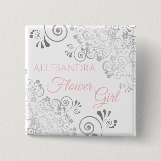 Rosor & grått för bröllopbrudtärnanamn bricka knapp (Framsida)