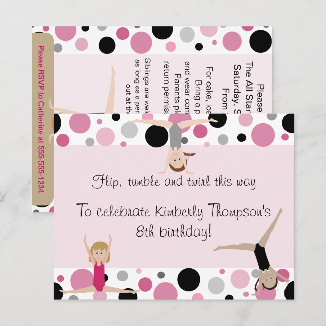 Rosor, grått & svart för gymnastikpartyinbjudan inbjudningar (Fram/baksida)