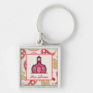 Rosor & grön Paisley Schoolhouselärare Keychain Fyrkantig Silverfärgad Nyckelring