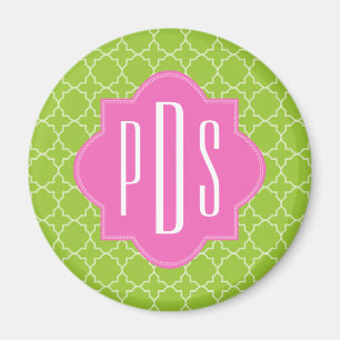 Rosor + Grön Quatrefoil Monogram Magnet