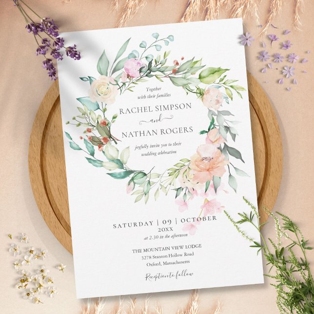 Rosor Grönska Blommig Krans Bröllop Inbjudningar (Roses Greenery Floral Wreath Wedding Invitation)
