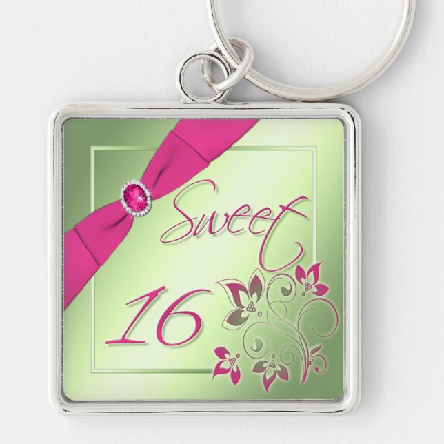 Rosor, grönt och gultsweet sixteen Keychain Fyrkantig Silverfärgad Nyckelring (Framsidan)