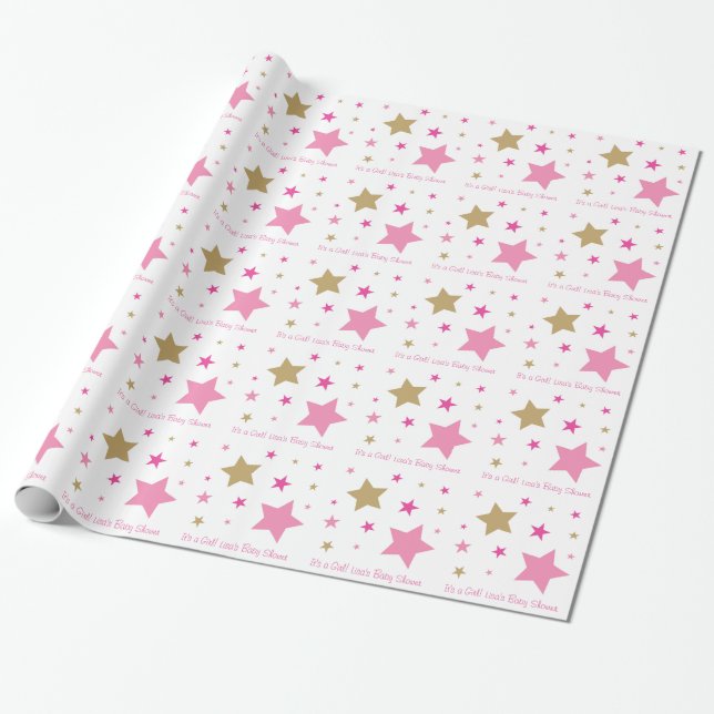 Rosor & guld- glimtstjärnababy shower presentpapper (Utrullad)
