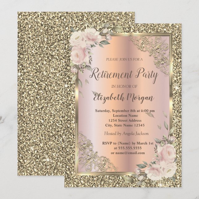 Rosor, Guld Ram, Roséguld, Glitter Pensionering Inbjudningar (Fram/baksida)