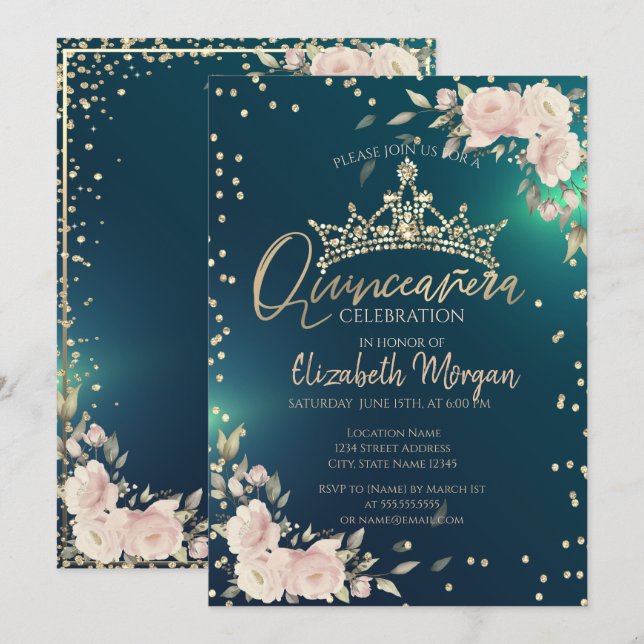 Rosor, Guldtiara, Diamanter Grön Quinceañera Inbjudningar (Fram/baksida)