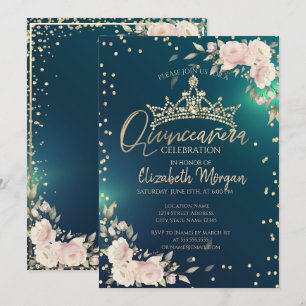 Rosor, Guldtiara, Diamanter Grön Quinceañera Inbjudningar