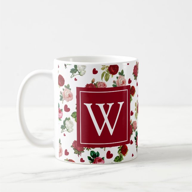 Rosor Hjärtan Initial Monogram Blommig Kaffemugg (Vänster)