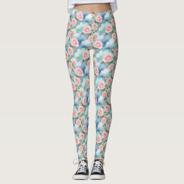 Rosor i akvarellnyanser av ljust rosa och grönt leggings