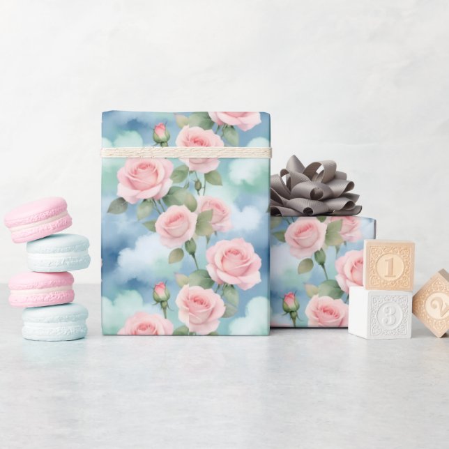 Rosor i akvarellnyanser av ljust rosa och grönt presentpapper (Baby Shower)