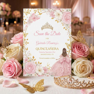 Rosor i rosablush och gyllene Quinceañera Spara d Datumet