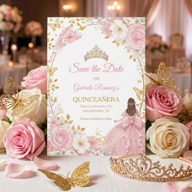 Rosor i rosablush och gyllene Quinceañera  Spara d Datumet (Skapare uppladdad)