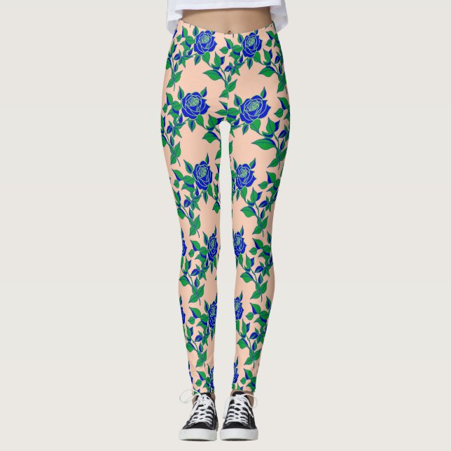 Rosor i slående elektrisk blå med gröna blad leggings (Framsida)