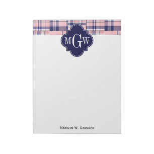 Rosor marinblå Preppy PatchworkMadras Monogram Anteckningsblock