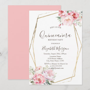 Rosor med rodnad Guld ram Quinceañera Inbjudningar