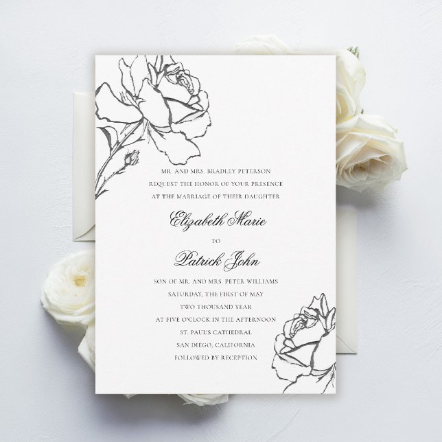 Rosor Modern Klassisk Formell Värd Bröllop Inbjudningar (black and white wedding invitation roses floral formal traditional modern classic parents host)